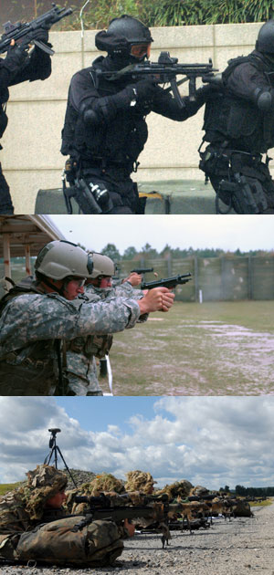 (상)기관단총의 제왕이라고 불리는 MP5는 30여년이 넘도록 각국의 대테러부대나 경찰특공대 등 세계 특수부대의 사랑을 받고 있다. 사진은 우리 육군 707 특임대의 훈련장면이다.<사진 출처 : 양욱><BR>
(중)베레타 92FS는 미 육군을 포함하여 세계 각국의 군경 특수부대에서 채용되어 사용중이다.<사진 출처 : Guardia Civil, 스페인 군경찰><BR>
(하)최근에는 1km를 넘는 거리에서 저격할 수 있는 338 라푸아나 50구경 탄환을 사용하는 저격총이 애용되고 있다. 사진은 300WM탄을 사용하는 Mk13 저격총의 사격장면이다.<사진 출처 : US Army>