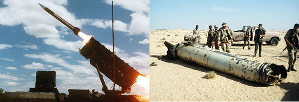 (좌)걸프전 당시 패트리엇은 이라크 탄도 미사일을 요격하면서 일약 스타급 무기로 알려지게 된다. <사진 출처: 레이시언사><br>
(우)패트리엇에 요격 당한 이라크의 스커드 미사일 잔해