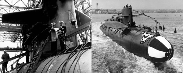 (좌) 미 해군 최초의 전략핵잠수함 조지워싱턴호. 스킵잭급 공격용 원자력 추진 잠수함을 개조해 건조했다. (우) 조지워싱턴호는 임시방편으로 건조되었지만, 구 소련 해군의 전략핵잠수함들에 비해 뛰어난 성능을 자랑했다. (사진 출처 미 해군)