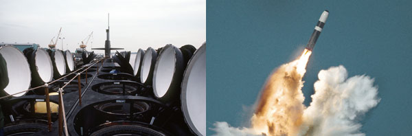 (좌) 오하이오급 전략핵잠수함은 트라이던트 잠수함발사탄도미사일 24기를 탑재한다. (우) 트라이던트 미사일은 대륙간탄도미사일에 해당하는 사정거리로 인해, 미국 영해 내에서 구 소련에 대한 핵 공격이 가능해 졌다. (사진 출처 미 해군)