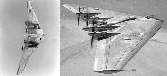 실험 비행 중인 XB-35(좌), YB-35(우)의 모습. 60여 년 전의 비행기로 보기 힘들 정도로 앞선 모습이다.
