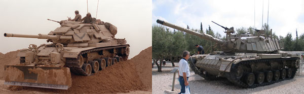 (좌)1991년 걸프전 당시 전방 개척용 도저를 장착한 미 해병대 소속의 M60A1. 미군이 마지막까지 사용한 M60 전차다.<br>
(우)이스라엘에서 개조한 마가크6