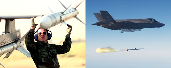 (좌)AIM-120 암람 미사일은 지난 1976년 AIM-7 스패로우 미사일을 대체하기 위해 개발되기 시작했다. <출처: 미 공군><br>
(우)복합유도방식을 사용하는 AIM-120 암람 미사일은 전천후 중거리 공대공 미사일로 동시에 다수의 적기를 요격할 수 있는 것으로 알려져 있다. <출처: 록히드 마틴사>