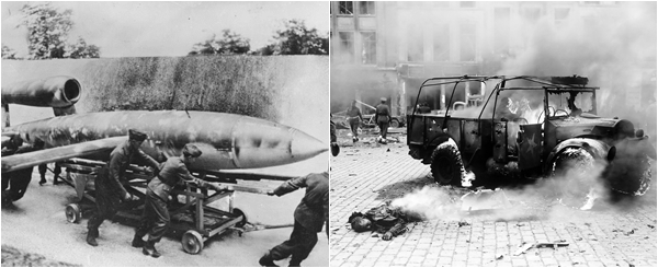 (좌)1944년부터 시작된 독일의 V-1 미사일 공격으로 영국에서는 2만여 명의 사상자가 발생했다 (사진 출처 http://upload.wikimedia.org/wikipedia/commons/b/bf/Bundesarchiv_Bild_146-1975-117-26%2C_Marschflugk%C3%B6rper_V1_vor_Start.jpg) (우) V-1의 경우 요격이라도 가능했지만 V-2 탄도미사일은 요격을 할 수 있는 방법이 없어 영국을 공포에 떨게 했다 (사진 출처 http://en.wikipedia.org/wiki/V-2_rocket#mediaviewer/File:V-2victimAntwerp1944a.jpg)