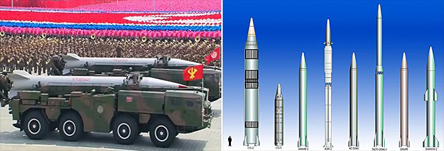 (좌) 북한이 600여 발을 보유한 스커드 탄도 미사일은 대표적인 중단거리 탄도미사일 중 하나다. (우) 사드는 사거리 300㎞~3,500㎞ 정도의 중단거리 탄도 미사일을 방어하기 위해 개발되었다. 