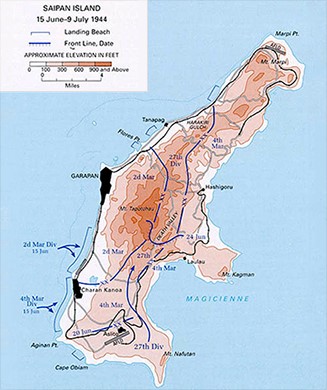 사이판 섬- 상륙 공격은 서쪽 해안에 가해졌다. 