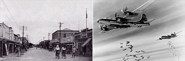 (좌) 전투 전의 사이판 거리 (우) 미국의 신형 폭격기인 B-29의 폭격 장면 