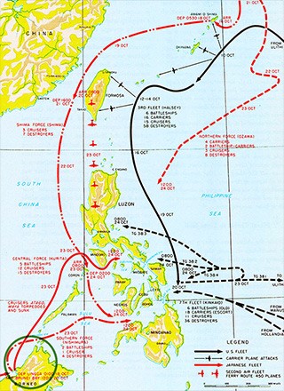 구리타 함대는 브루나이(당시 보르네오 섬)에서 북상하였다. 좌측 하단 초록색 원 부분. 