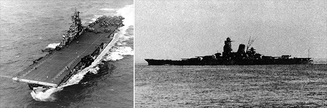 (좌)전쟁 중 24척이 건조된 에섹스급 항모 인트레피드 (우)세계 최대 전함 야마토의 자매함인 무사시는 시부얀 해전에서 침몰했다. 