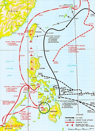 하단 녹색 둥근 원이 수리가오 해협이다. 니시무라 함대는 구리타 함대와 같이 브루나이 정박지를 출발했고 시마 함대는 일본에서 내려왔다. 