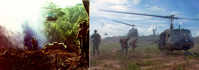 (좌)베트남 전쟁에 최초로 투입된 UH-1A 헬기는 기관총과 로켓을 장착하고 무장헬기로 운용되었다. <출처: 미 육군 ><br>
(우)병력수송 요구가 높아지면서 UH-1 헬기는 엔진출력이 높아지는 동시에 동체길이도 연장된다. <출처: 미 육군>