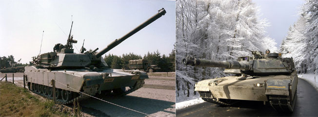 (좌)1980년부터 미 육군에 배치된 M1 전차는 1985년까지 3,200여대가 생산되었다. <출처: https://en.wikipedia.org/wiki/M1_Abrams#/media/File:105mm_M1_Abrams.png><br>
(우)1985년에는 120mm 활강포로 업-건(UP-GUN)한 M1A1 전차가 등장한다. M1A1 전차는 걸프전과 이라크 전에서 핵심적인 역할을 수행한다. <출처: 미 육군>
