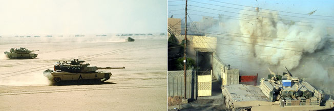 (좌)1991년 걸프전 당시 1,800여대의 미 육군 M1A1 전차가 전투에 참여했다. <출처: 미 해군><br>
(우)이라크 전 당시 M1A1 전차는 50m도 안 되는 거리에서 7대의 이라크 군 T-72 전차를 파괴하기도 했다. <출처: 미 해병대>