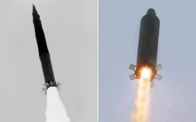러시아의 SS-25 대륙간 탄도미사일(왼쪽)과 개량형 무수단 미사일(오른쪽). 유사한 형태의 그리드핀이 부착되어 있다. <출처: 미국 과학자연맹/노동신문>