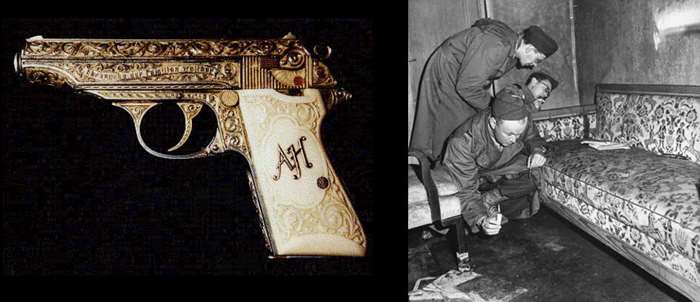 히틀러의 50세 생일선물이었던 PP 권총(왼쪽) / 히틀러가 자살한 것으로 알려진 쇼파 위에 PPK가 놓여 있다.(오른쪽) <출처: Public Domain>