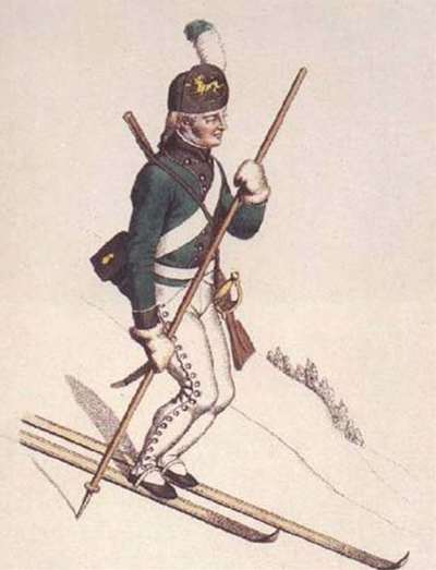 스키를 착용한 노르웨이 병사. 스위스 화가 요하네스 젠(Johannes Senn)의 1811년 작품 <Public Domain>