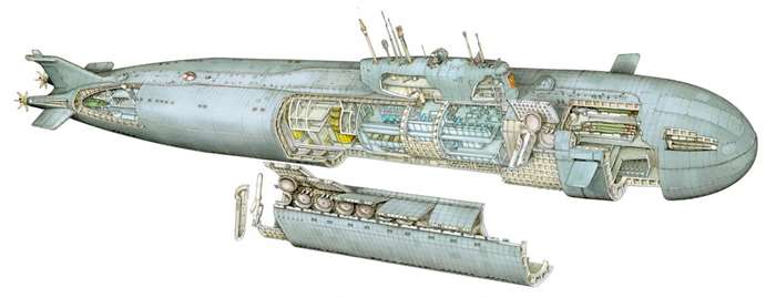 오스카 II급 공격원잠의 내부구조도. 함수 어뢰관실과 측면 대함미사일 발사관의 구조가 잘 나타나 있다. <출처: militaryarms.ru>