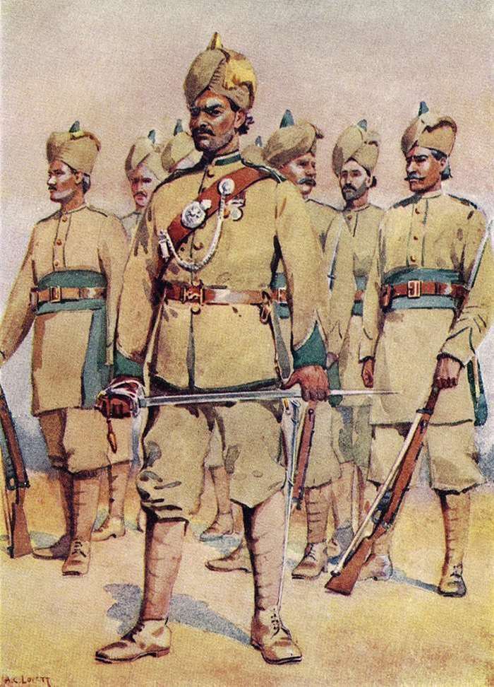 영령 인도군 소속 제 33 펀잡(Punjabi) 군 지휘관 전투복. <출처: A.C. Lovett 그림 / Public Domain>