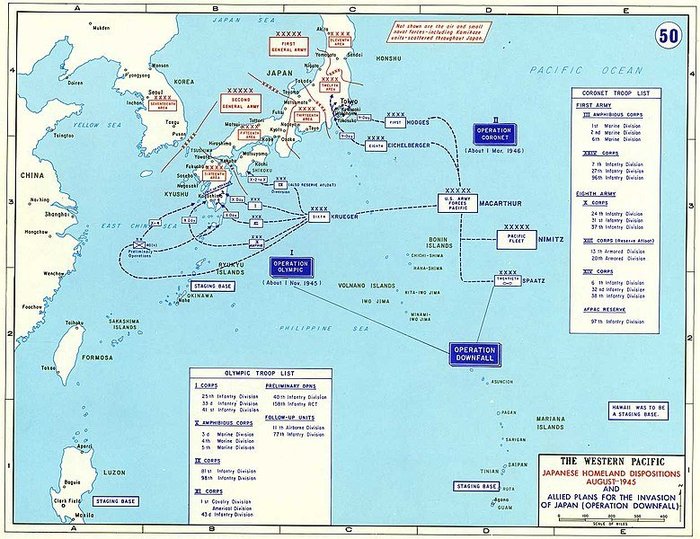 1945년 미군이 입안했던 '다운폴' 작전 계획도. (Public Domain)