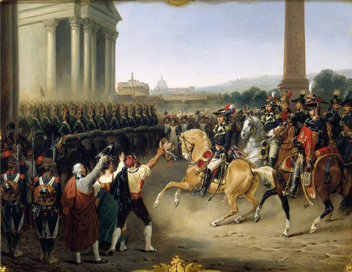 1798년 2월 15일자로 로마에 입성한 프랑스 육군을 그린 기록화. 르꽁트 이폴리트 (Lecomte Hippolyte, 1781~1857) 작. (출처: Wikimedia Commons>