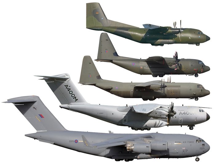 ۱⺰  .  C160, C130H, C-130-30H, A400M, C-17A <ó: (cc) Sitacuisses at wikimedia.org>