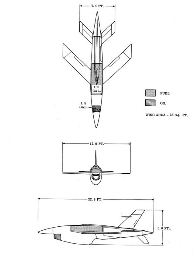1968년 2월 제작된 라이언사의 BQM-34A 자료 중 기체 삼면도 <출처 : alternatewars.com>