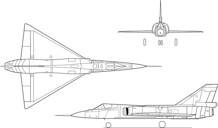 F-106의 삼면도. F-102를 기반으로 했기에 외형상으로는 크게 차이가 없다. < 출처 : Public Domain >