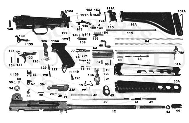 AR-18의 부품구성. 무려 150여개의 부속으로 구성되어 있다. <출처: Public Domain>