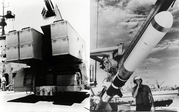 노퍽함(DL-1)의 ASROC 발사기에 장전되는 RUR-5 ASROC 대잠로켓(좌)과 이를 발사하기 위한 Mk.112 8연장 ASROC 대잠로켓 발사기(우) <출처 :미 해군>