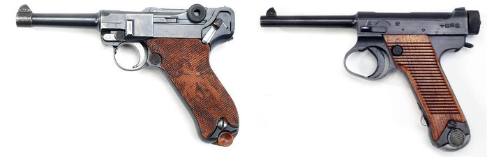 루거(Ruger) 스탠다드는 독일의 루거(Luger) P-08(좌)과 비슷해보이지만 실제론 일본의 남부 권총(우)을 참조하여 만들어졌다. <출처: NRA Museum>