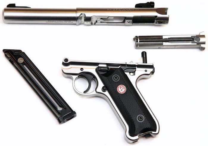 야전분해된 루거 마크 IV 타겟 자동권총의 모습 <출처: Sturm, Ruger & Co.>