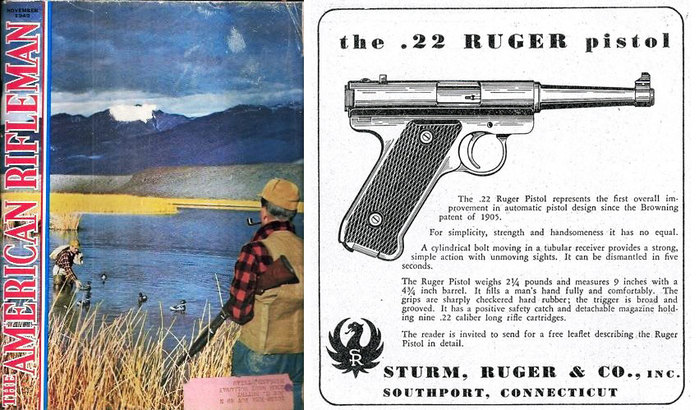루거 권총이 처음으로 소개된 아메리칸 라이플맨 1949년 11월호(좌)와 스텀 루거의 첫 광고(우) <출처: Public Domain>