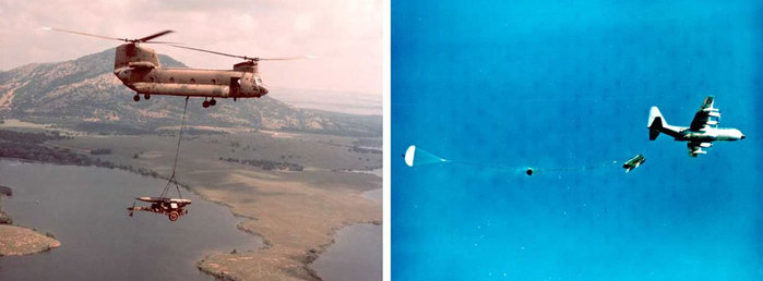 랜스 미사일의 헬기 수송(좌)과 랜스 발사차량의 공중투하(우) 장면 <출처: 미 육군>