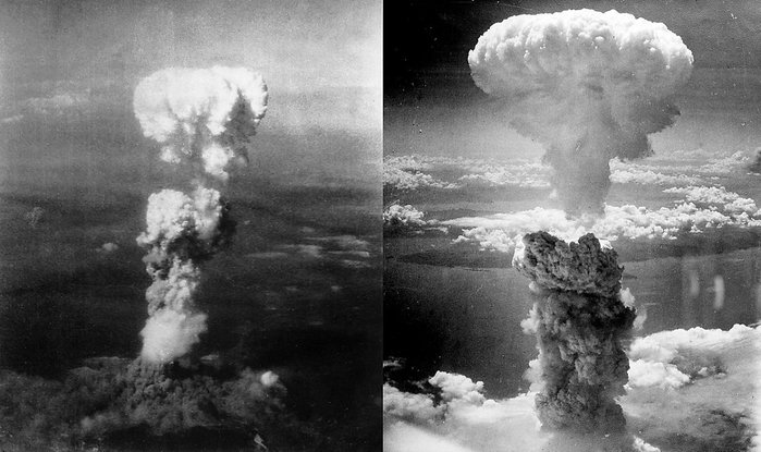 미군은 일본 상륙에 엄청난 희생을 대비했으나 히로시마(좌)와 나가사키(우)에 원자폭탄을 투하하면서 기선을 제압했다. <출처: Public Domain>