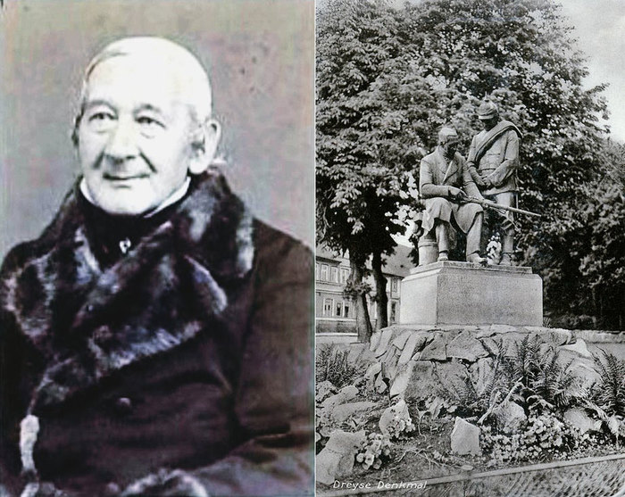 드라이제의 생전 모습(좌)과 독일 쉐메르다에 위치한 드라이제의 동상(우) <출처: Public Domain>