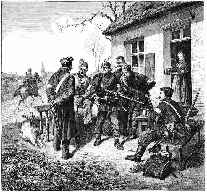 1864년의 프로이센-덴마크 전쟁 당시 우군이던 오스트리아군에게 드라이제 니들건에 대해 설명하는 프로이센군 병사들 <출처: Public Domain>