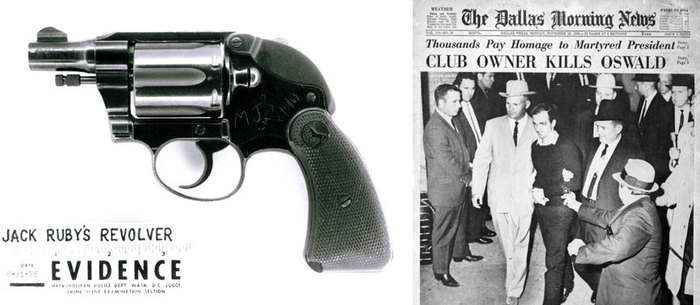 콜트의 코브라 리볼버(좌). 텍사스의 주점 점주인 잭 루비는 케네디 대통령의 암살범인 리 하비 오스왈드를 사살하면서 이 권총을 사용했다(우). 이 권총은 주머니 속에 숨기기 위하여 해머 가드를 장착했다. <출처: Public Domain>