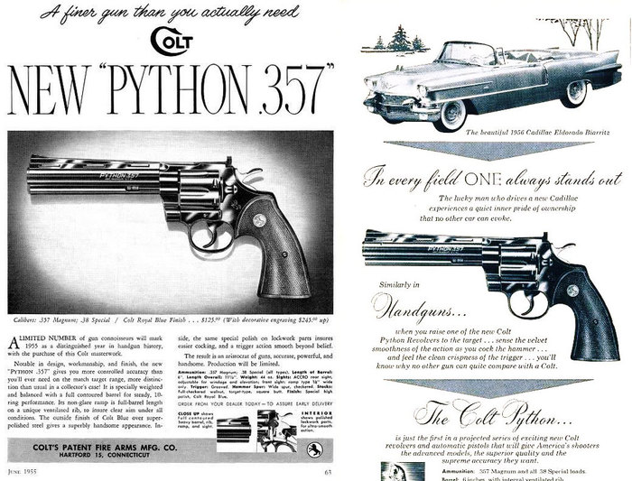 콜트 파이슨은 1955년 처음으로 등장하면서 리볼버의 새로운 역사를 기록했다. 왼쪽이 1955년 출시 당시의 광고이며, 오른쪽은 1956년의 광고이다. <출처: Public Domain>