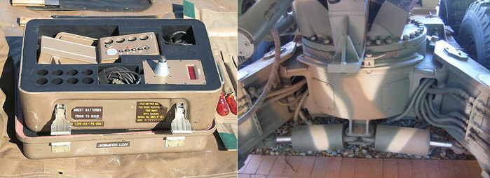 양쪽 포다리에 연결된 유압 실린더(좌)와 컴퓨터화된 신관 설정기(우) <출처 : scalemodeler.co.za>