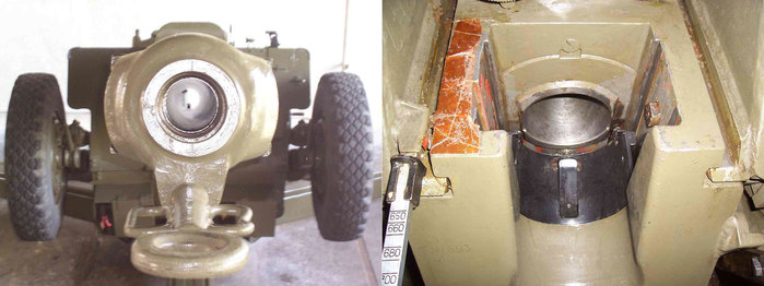 D-30 포신 내부 모습(좌)과 개방된 포미 폐쇄기(우) <출처 : armedconflicts.com>