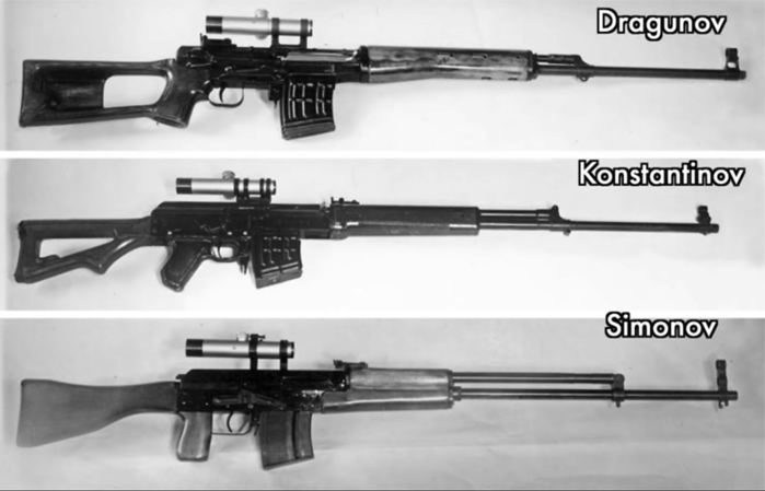 3개 후보기종이 차기저격소총으로 출품되었는데, 위로부터 드라구노프, 콘스탄티노프, 시모노프 저격총이다. <출처: Public Domain>