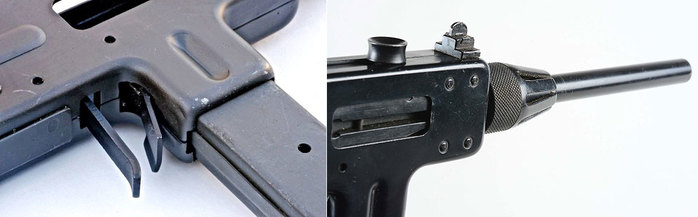 M/50은 로킹너트를 사용하여 총열 결합부에서 좌우의 리시버를 결합하며(우), 안전장치와 탄창멈치는 탄창삽입구 뒤쪽에 장착되어 있다.(좌) <출처: Public Domain>