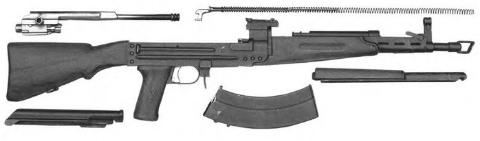 AB-47 소총의 작동부품들. 피스톤과 결합된 노리쇠 부분은 오히려 AB-46이 오리지널임을 알 수 있다. <출처: Public Domain>