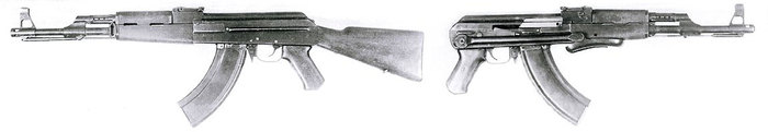 칼라시니코프의 AK-47 보병용 기본모델(좌)과 공수부대용 접철식 모델(우) <출처: Public Domain>