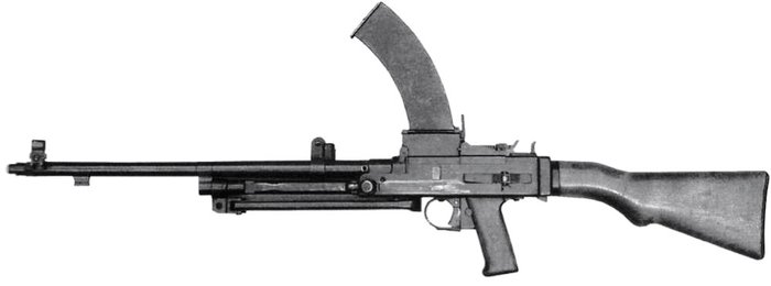 벌킨의 AB-44 시제 돌격소총. 브렌건과 유사한 상부급탄방식으로 차기소총으로는 적절치 않았다. <출처: Public Domain>