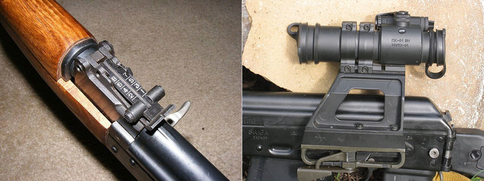 탄젠트식 가늠자를 채용한 AK-47 소총의 기계식 조준기구(좌)와 최근에 많이 사용되는 도트사이트(우)가 장착된 모습이 대비된다. 도트는 PK01-A 레드닷이 장착되어 있다. <출처: Public Domain>