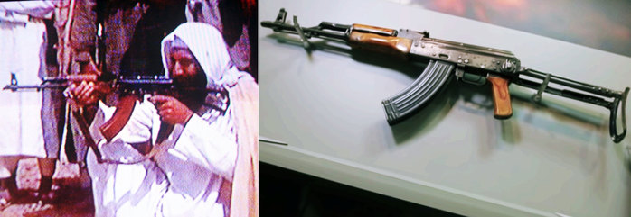 빈 라덴의 AKMS 사격장면(좌)과 CIA 박물관에 전시된 빈 라덴의 AKMS 소총(우) <출처: 방송 캡쳐>