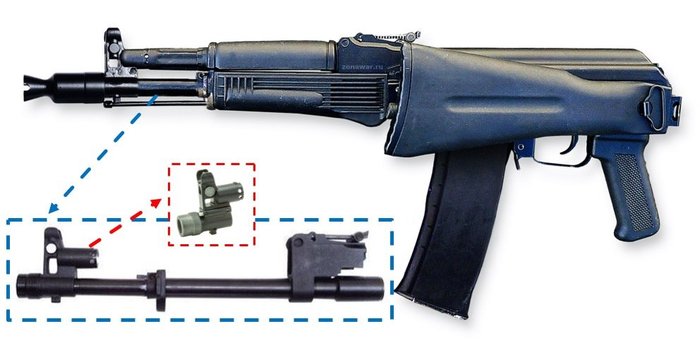AK-100 계열 단축형의 특징인 314mm 총열뭉치(파란 점선)와 가늠쇠/가스튜브연결관(붉은 점섬) <출처: 필자>