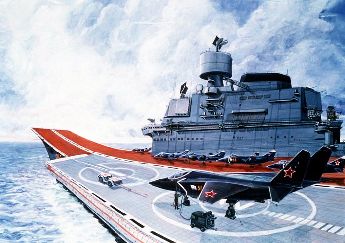 소련 해군의 트빌리시(Tbilisi)급 항모에서 이륙 준비 중인 YAK-41을 그린 상상도. (출처: US Defense Intelligence Agency)