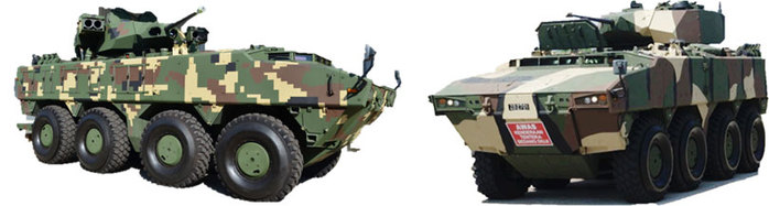 AV8 금삐타 IFV25 (샤프슈터 장착) 장갑차(좌)와 LCT30 포탑을 장착한 AV8(우)의 전면 모습. (출처: DefTech)